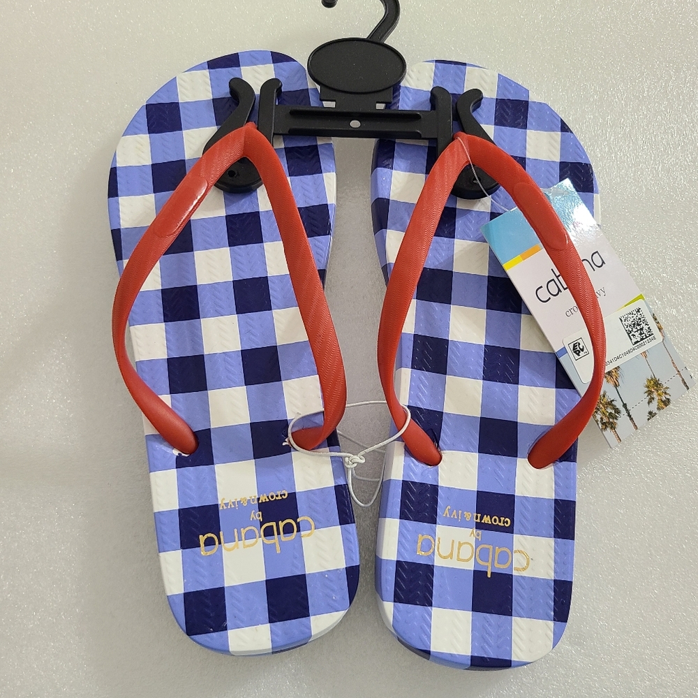 Cabana By Crown & Ivy Eva Navy Blue Gingham Design Flip Flops Thong Sandals Sz 7